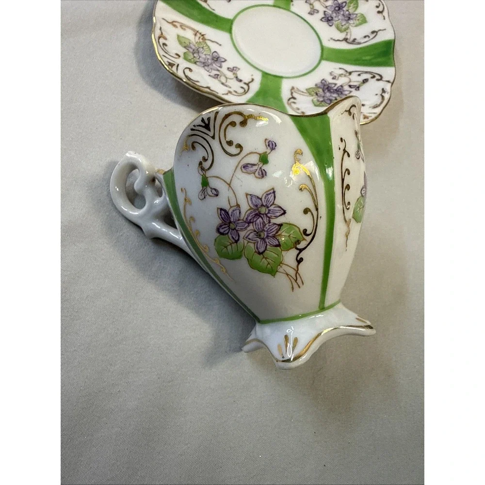 Vtg Hand Painted Japan Demitasse Cup Saucer Footed Green Gold Purple Floral
